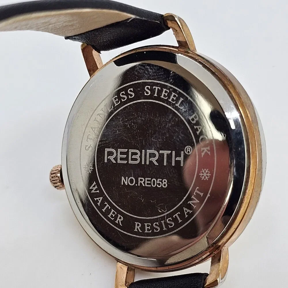 Rebirth Women's‎ Watch 41MM Gold Dial Black Leather Bands New Battery